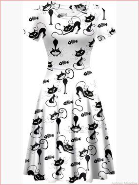 A-Line Flared Midi Dress for Party with Cat Print